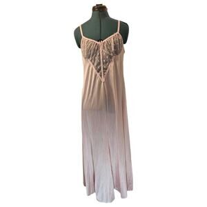 Vintage Pink vanity Fair sexy maxi nightgown lace top sheer peignoir gown long